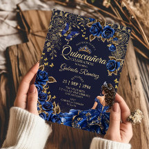 Navy Blue Quinceañera Golden Tiara Roses 