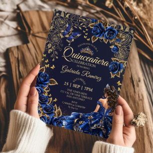 Navy Blue Quinceañera Golden Tiara Roses  Invitation
