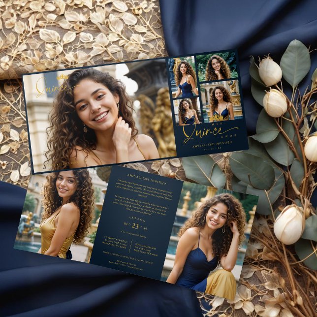 Navy Blue Quinceañera Trendy 7-Photo Collage Tri-Fold Invitation (Spanish Navy Blue Trendy Quinceañera Collage 7 Photos Invitations Tri-Fold Cards.)
