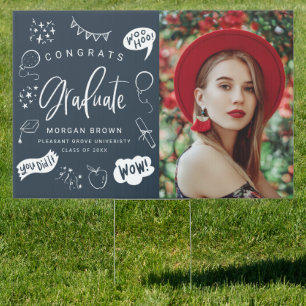 Navy Blue Quirky Doodle Congrats Graduate Photo  Sign