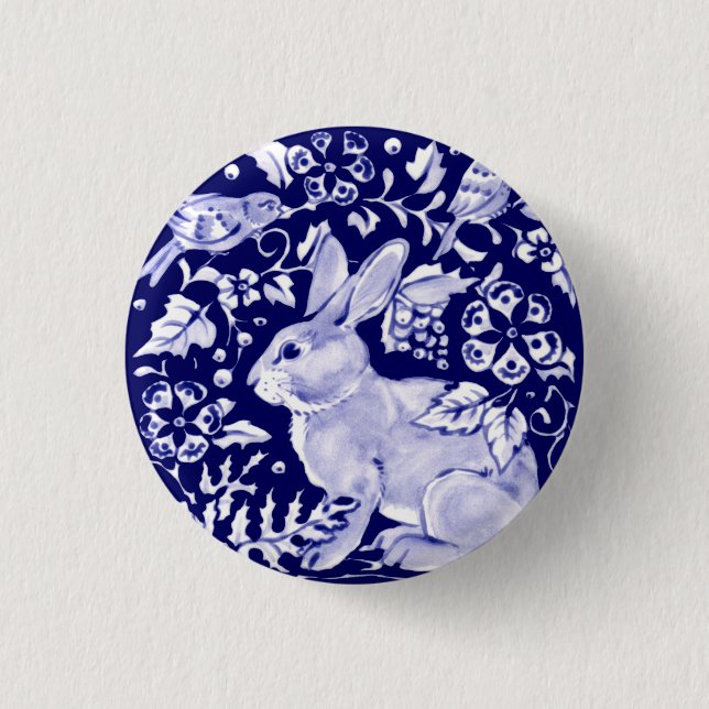 Navy Blue Rabbit Bunny Bird Floral Dedham Delft Button (Front)