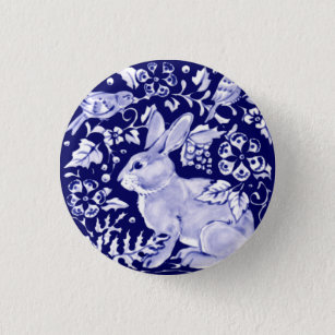 Navy Blue Rabbit Bunny Bird Floral Dedham Delft Button