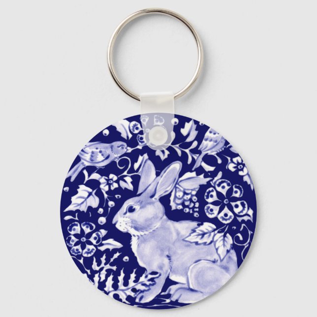 Navy Blue Rabbit Bunny Bird Floral Dedham Delft Keychain (Front)
