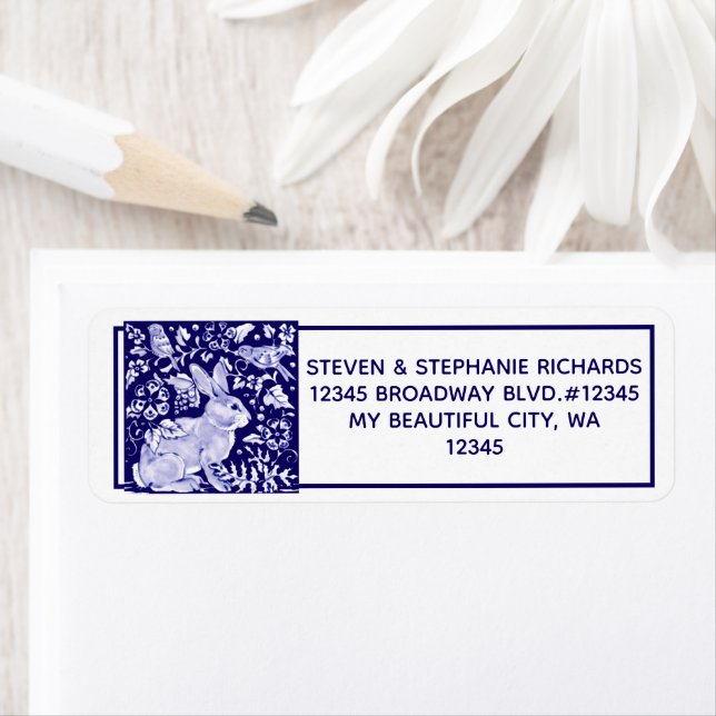 Navy Blue Rabbit Bunny Bird Floral Dedham Delft Label (Insitu)