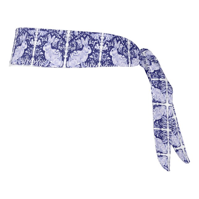 Navy Blue Rabbit Bunny Bird Floral Dedham Delft Tie Headband (Rotate 90)