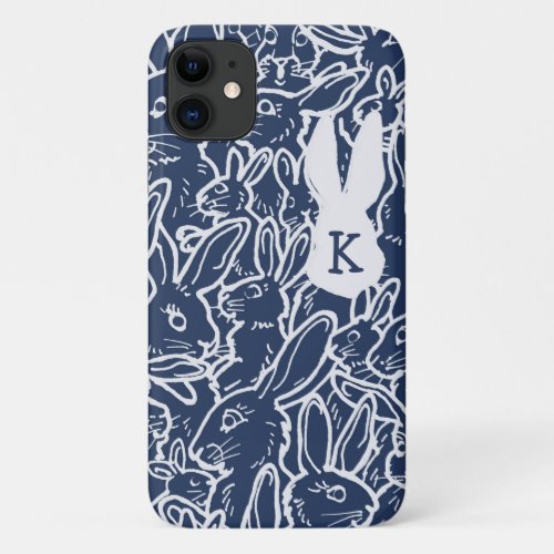 Navy Blue Rabbit Bunny Drawing Modern Monogram Fun iPhone 11 Case