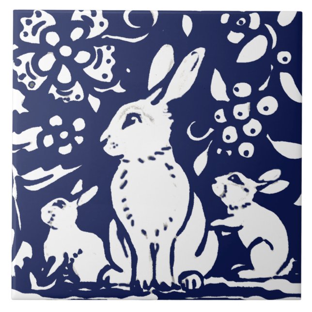 Navy Blue Rabbit Bunny Leaf Woodland Animal Trivet (Front)