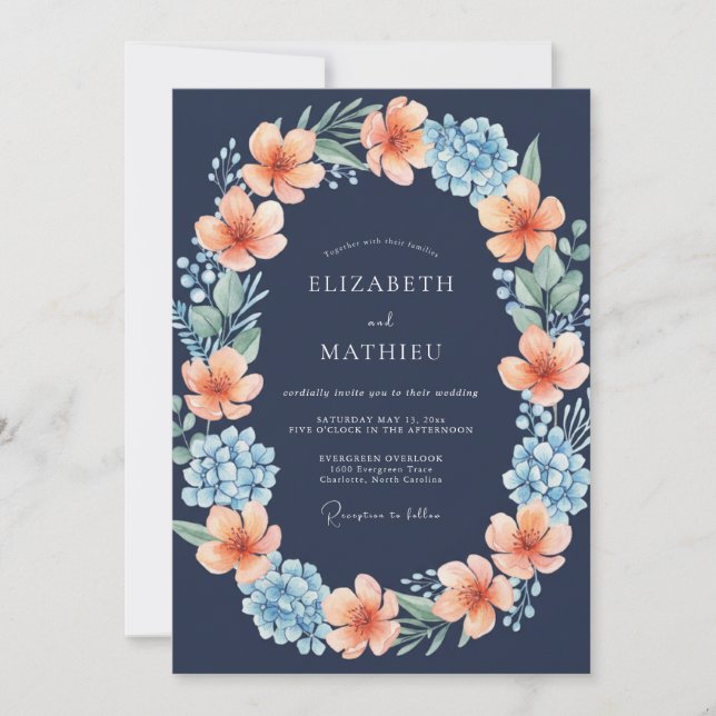 Navy Blue Radiant Blossom Wedding Invitation (Front)