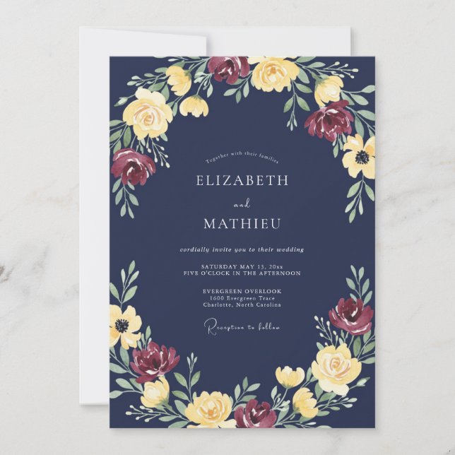 Navy Blue Radiant Floral Wedding Invitation (Front)