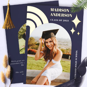 Navy Blue Rainbow Arch And Stars Graduation Foil Invitation