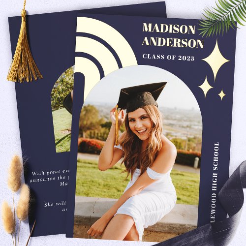 Graduation Invitations 18 Navy Blue Rainbow Arch And Stars Graduation Foil Invitation