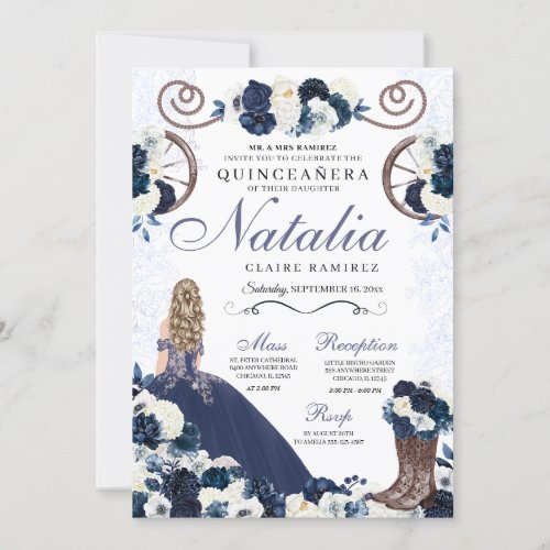 Navy Blue Ranchero Princess Dress Quinceanera Invitation