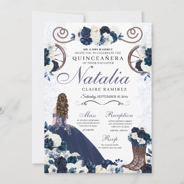 Navy Blue Ranchero Princess Dress Quinceanera Invitation (Front)