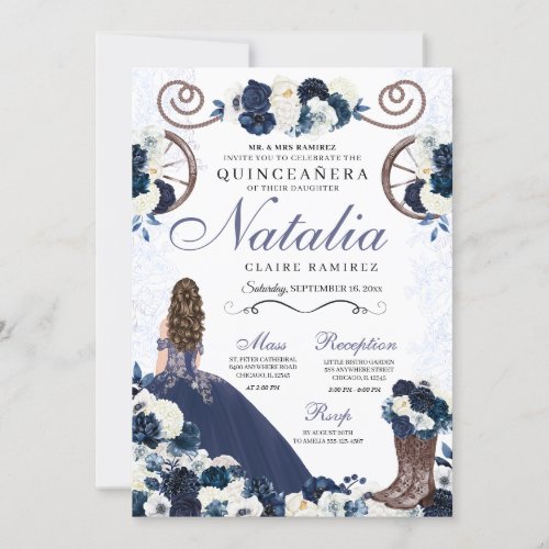 Navy Blue Ranchero Princess Dress Quinceanera Invitation