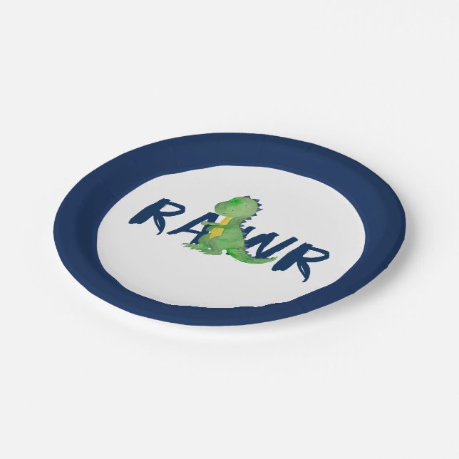 Navy Blue "RAWR" Green Dinosaur Party Paper Plates (Angled)