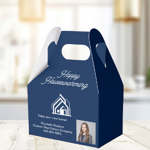 Navy Blue Real Estate Agent Photo Housewarming Favor Boxes