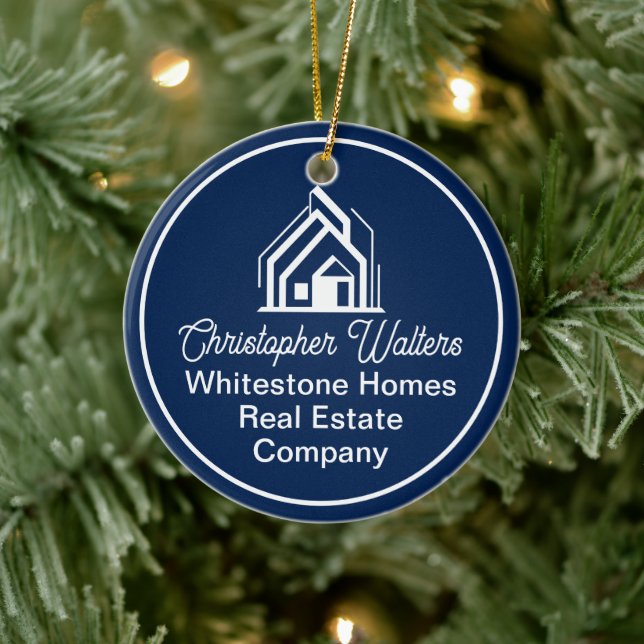 Navy Blue Real Estate Company Chic Custom Realtor Ceramic Ornament (Tree)