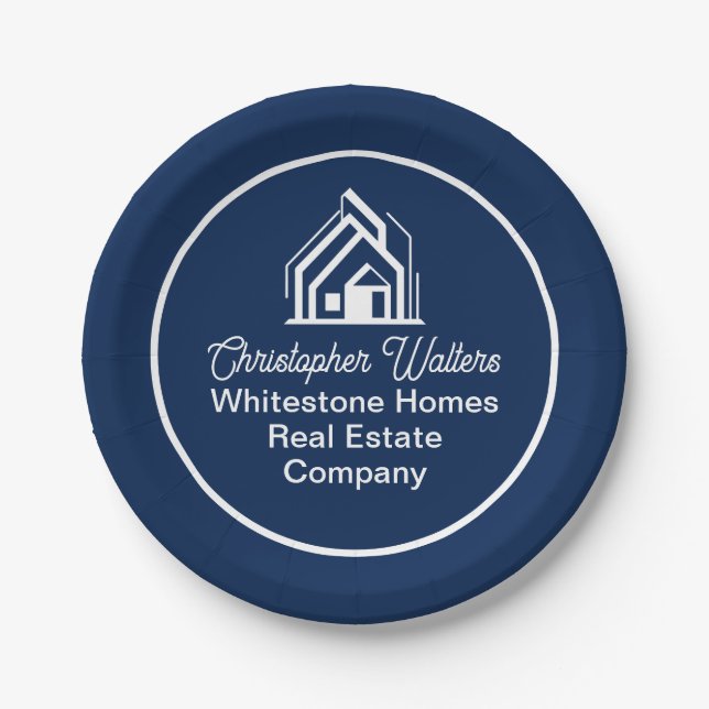 Navy Blue Real Estate Company Custom Realtor Party Paper Plates (Front)
