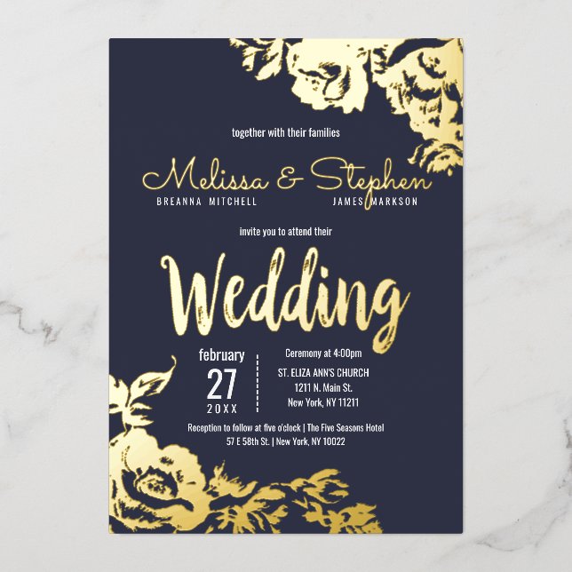 Navy Blue Real Gold Floral Wedding Foil Invitation (Front)