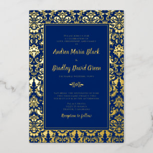 Navy Blue Real Gold Foil Damask Wedding Foil Invitation