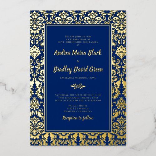 Navy Blue Real Gold Foil Damask Wedding Foil Invitation