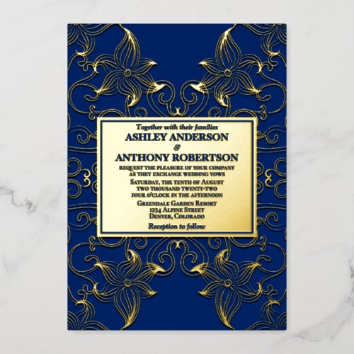 Navy Blue Real Gold Foil Floral Wedding Foil Invitation