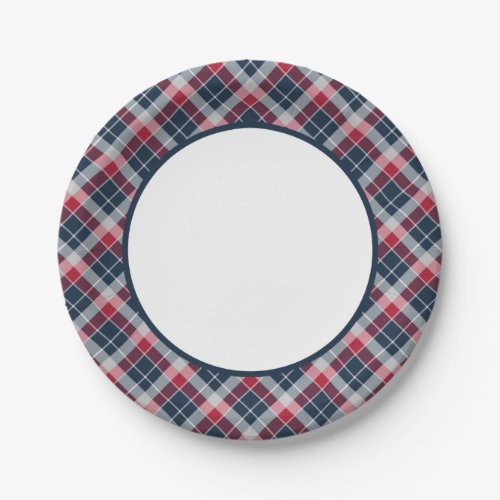 Navy Blue Red and Grey Sporty Plaid Border Paper Plates