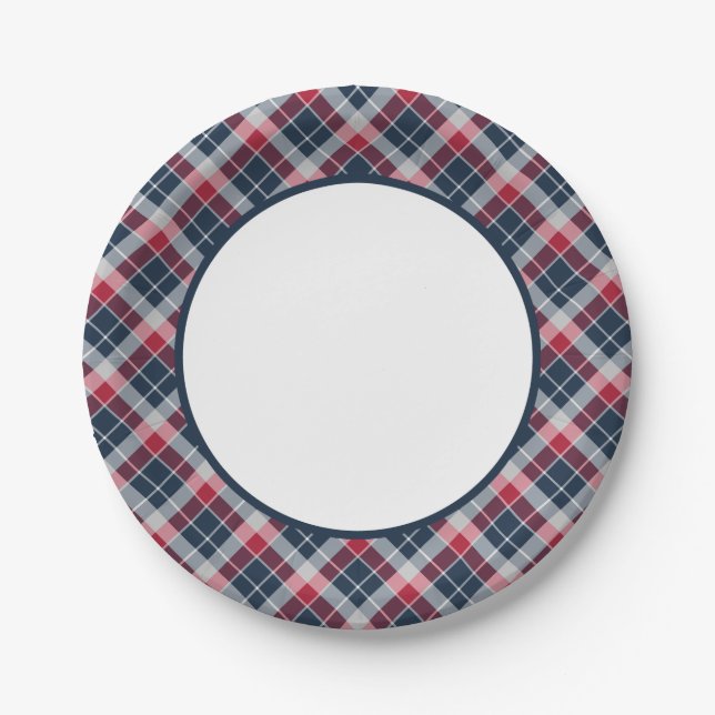 Navy Blue, Red and Grey Sporty Plaid Border Paper Plates (Front)