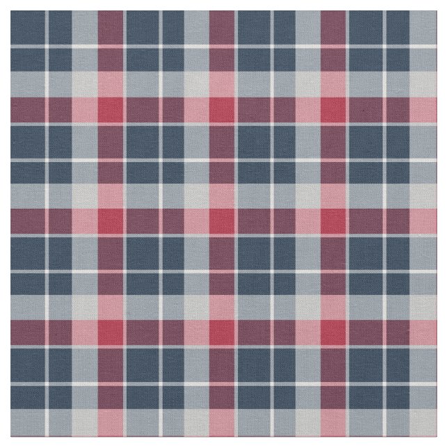 Navy Blue, Red and Grey Sporty Plaid Fabric (Close Up)