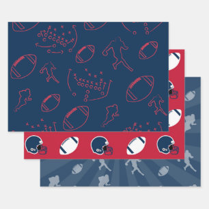 Navy Blue, Red, and White Football Patterns Wrapping Paper Sheets