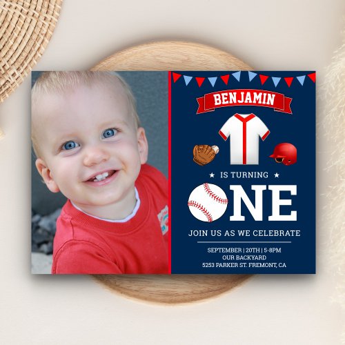 Navy Blue Red Baseball First Birthday Party Photo Invitation