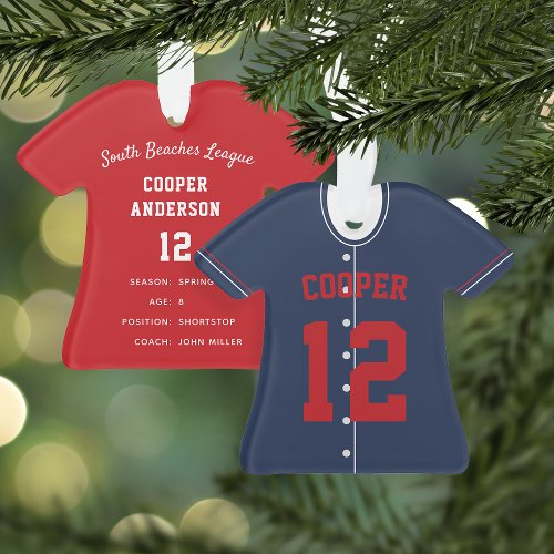 Navy Blue  Red Baseball Jersey Player Stats Ornament