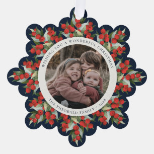 Navy Blue Red Berries+Greenery Christmas Paper Ornament Card
