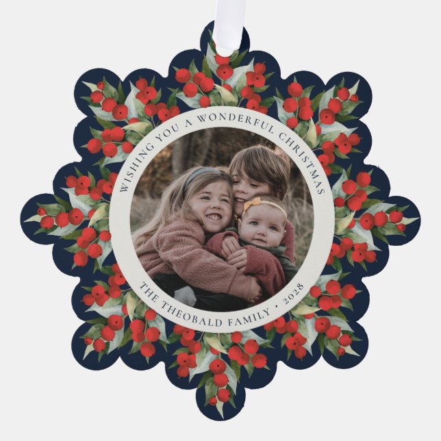 Navy Blue Red Berries+Greenery Christmas Paper Ornament Card (Front)