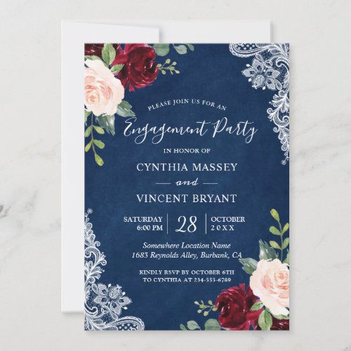 Navy Blue Red Blush Floral Lace Engagement Party Invitation