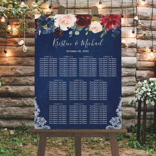 Navy Blue Red Blush Floral Wedding Seating Chart