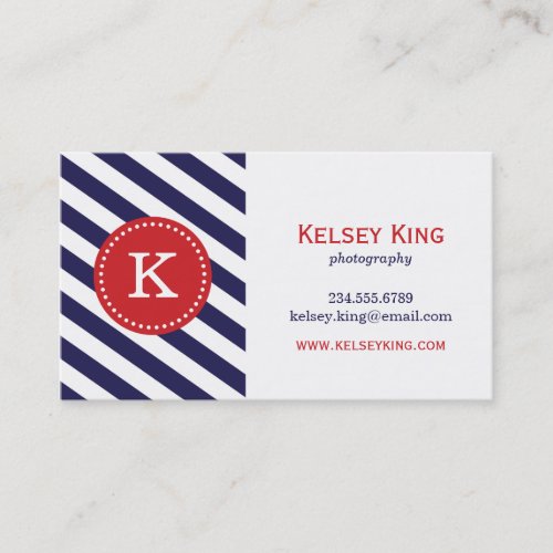 Navy Blue &amp; Red Chevron Stripes Monogram Business Card Template
