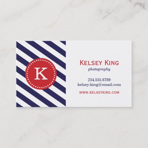 Customizable Navy Blue &amp; Red Chevron Stripes Monogram Business Card Template