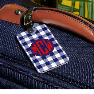 Navy Blue Red Circle Monogram Wht Plaid DIY BG Luggage Tag