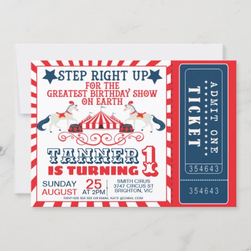 Navy Blue Red Circus Ticket  Circus Tent Birthday Invitation