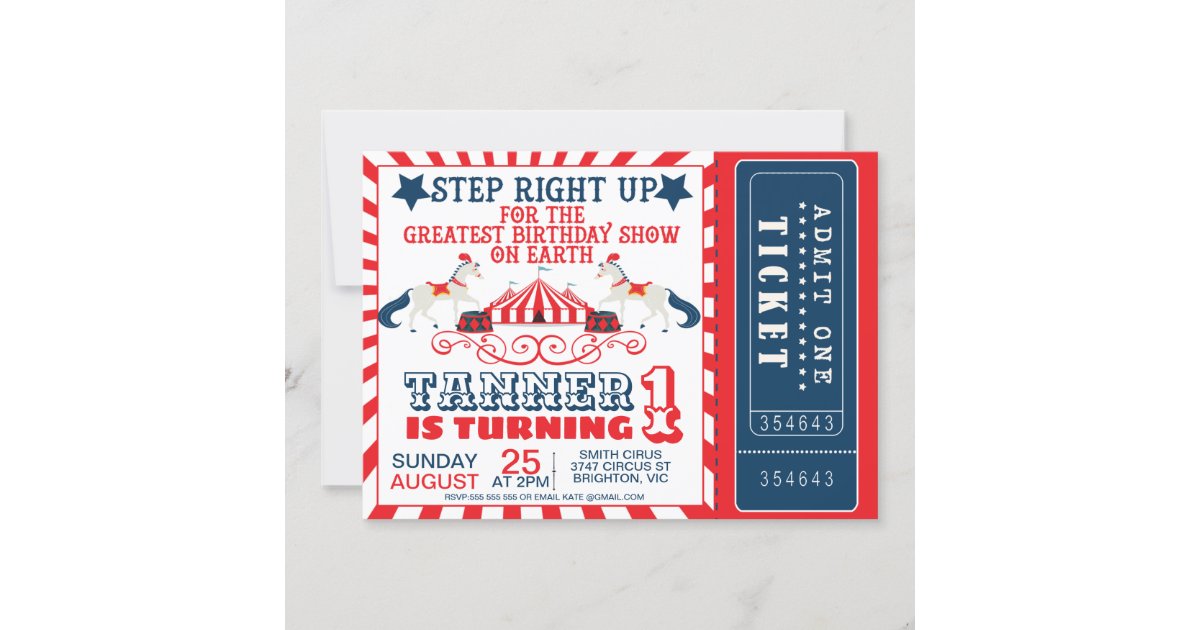 Navy Blue Red Circus Ticket  Circus Tent Birthday Invitation