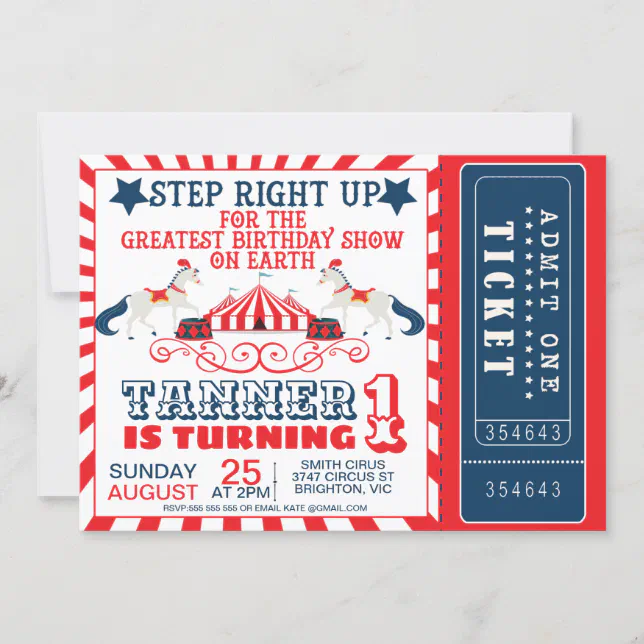 Navy Blue Red Circus Ticket  Circus Tent Birthday Invitation
