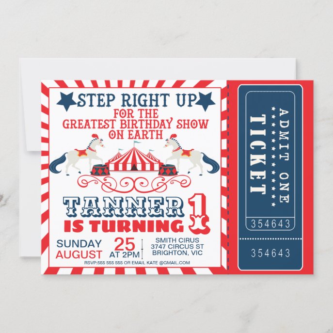 Navy Blue Red Circus Ticket Circus Tent Birthday Invitation