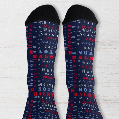 Navy blue Red Custom Name Text pattern  Socks