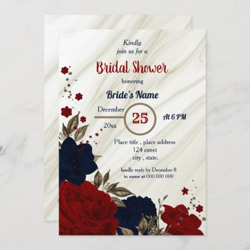 navy blue  red floral bridal shower invitation