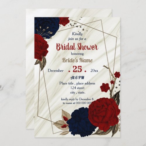 navy blue  red floral geometric bridal shower invitation