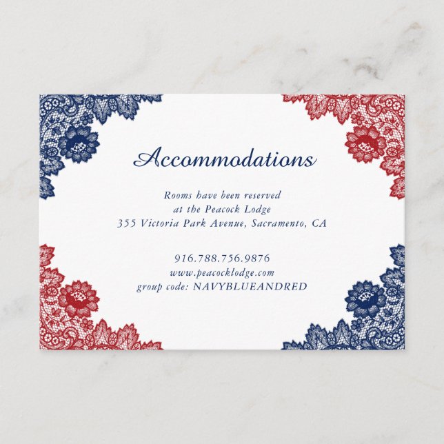 Navy Blue Red Floral Lace Wedding Accommodation Enclosure Card (Front)