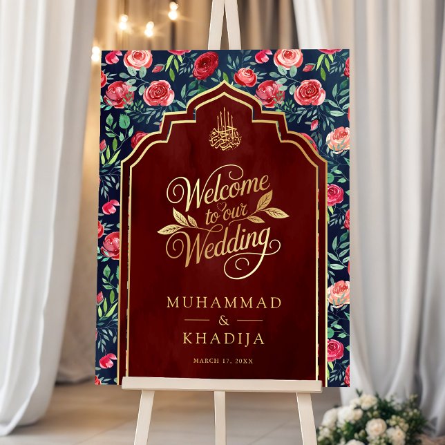 Navy Blue Red Floral Muslim Wedding Welcome Sign (Creator Uploaded)