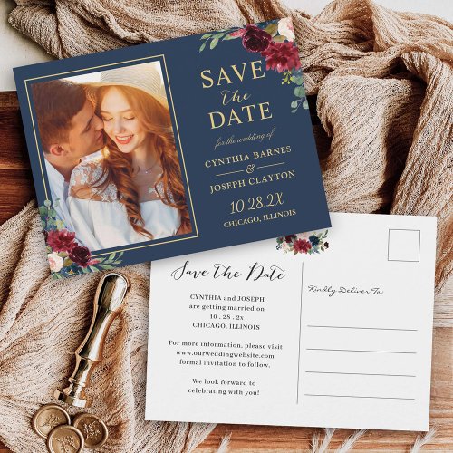 Navy Blue Red Floral Photo Save the Date Postcard