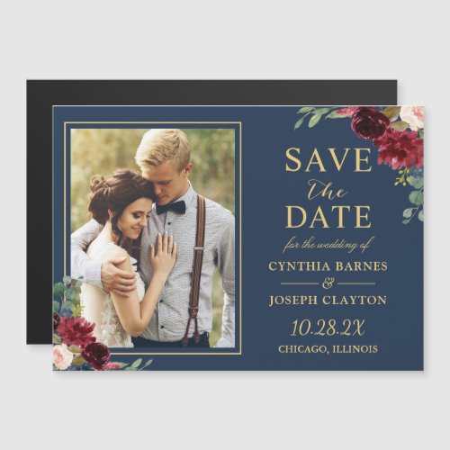 Navy Blue Red Floral Save the Date Photo Magnet
